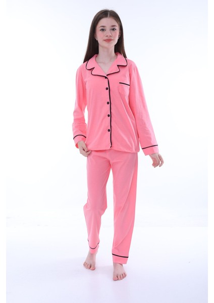 Gömlek Yaka Cep Detaylı Pembe Kız Çocuk Pijama Takımı
