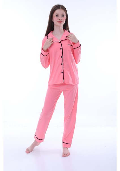 Gömlek Yaka Cep Detaylı Pembe Kız Çocuk Pijama Takımı modelleri
