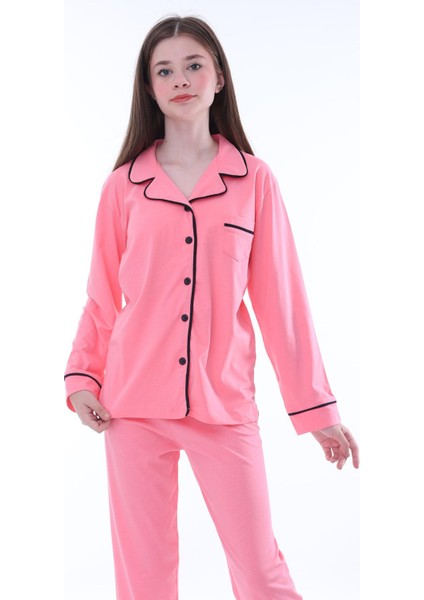 Gömlek Yaka Cep Detaylı Pembe Kız Çocuk Pijama Takımı fırsatları