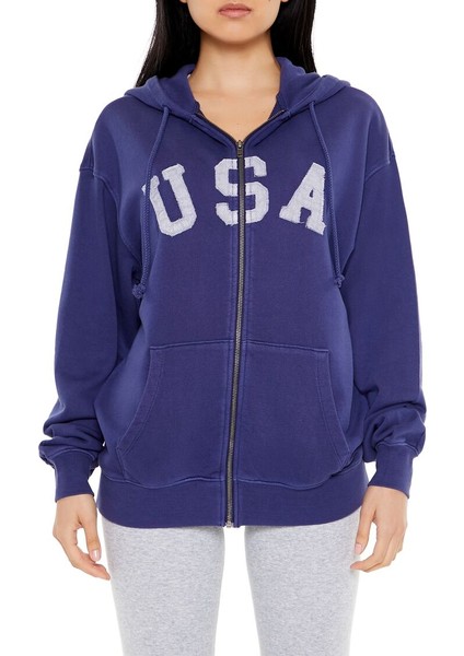 F21 Fransız Terry USA Fermuarlı Kapüşonlu Sweatshirt