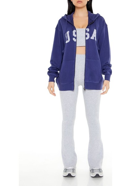 F21 Fransız Terry USA Fermuarlı Kapüşonlu Sweatshirt