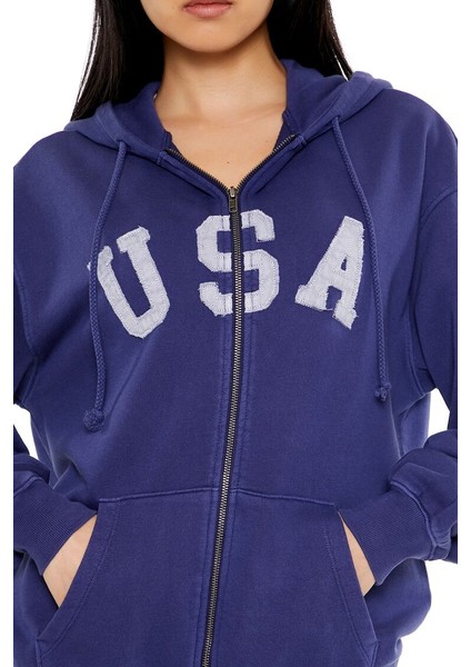 F21 Fransız Terry USA Fermuarlı Kapüşonlu Sweatshirt