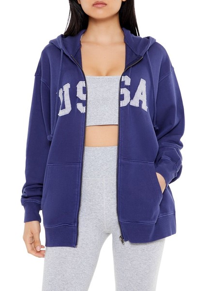 F21 Fransız Terry USA Fermuarlı Kapüşonlu Sweatshirt
