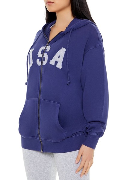 F21 Fransız Terry USA Fermuarlı Kapüşonlu Sweatshirt
