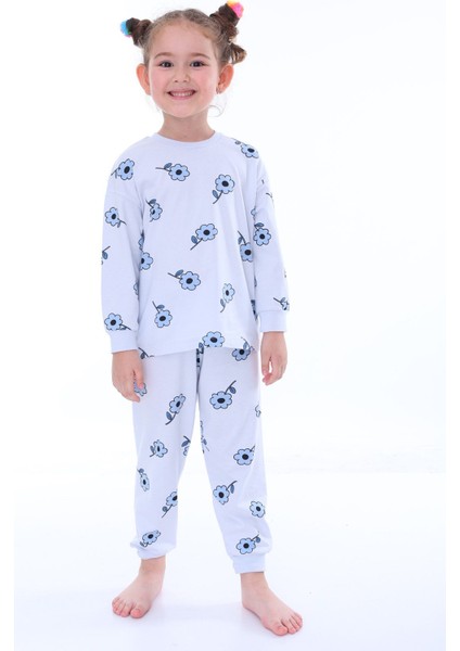 Çiçek Desenli Mavi Kız Çocuk Pijama Takımı