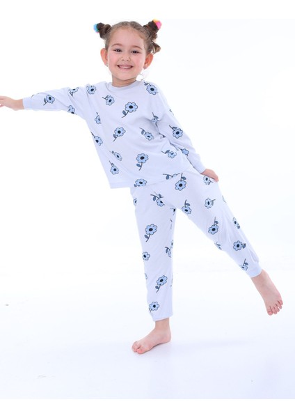 Çiçek Desenli Mavi Kız Çocuk Pijama Takımı modelleri