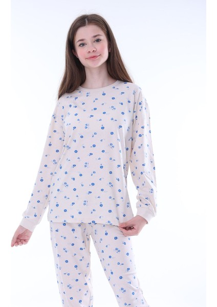 Minimal Çiçek Detaylı Mavi Kız Çocuk Pijama Takımı modelleri