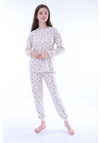 Minimal Çiçek Detaylı Mavi Kız Çocuk Pijama Takımı fırsatları