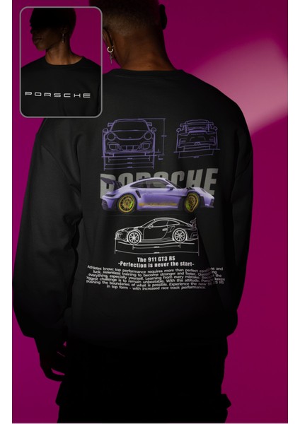 Unisex Porsche Sırt Baskılı Kapüşonsuz Sweatshirt, Oversize Araba Temalı Sweatshirt
