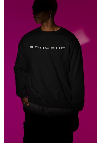 Unisex Porsche Sırt Baskılı Kapüşonsuz Sweatshirt, Oversize Araba Temalı Sweatshirt