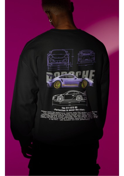 Unisex Porsche Sırt Baskılı Kapüşonsuz Sweatshirt, Oversize Araba Temalı Sweatshirt