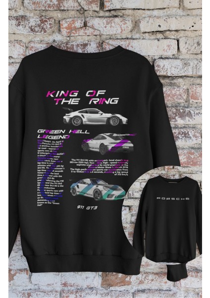 Unisex King Of The Ring Sırt Baskılı Kapüşonsuz Sweatshirt, Oversize Porsche Baskılı Sweatshirt
