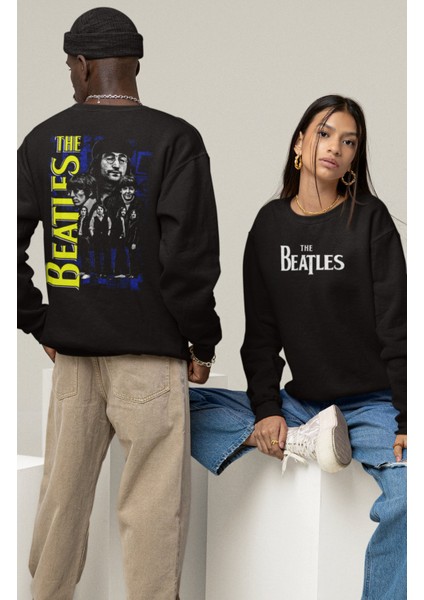 Unisex The Beatles V2 Sırt Baskılı Kapüşonsuz Sweatshirt, Oversize Rock Band Baskılı Sweatshirt