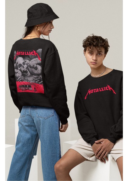 Unisex Metallica Yılan Sırt Baskılı Kapüşonsuz Sweatshirt, Oversize Rock Band Baskılı Sweatshirt