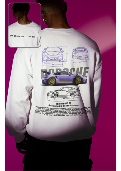 Unisex Porsche Sırt Baskılı Kapüşonsuz Sweatshirt, Oversize Araba Temalı Sweatshirt