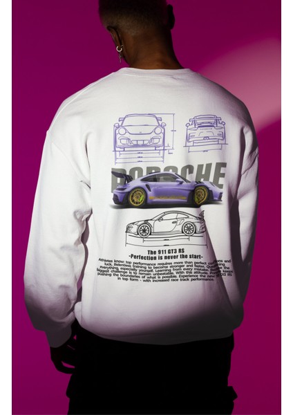 Unisex Porsche Sırt Baskılı Kapüşonsuz Sweatshirt, Oversize Araba Temalı Sweatshirt