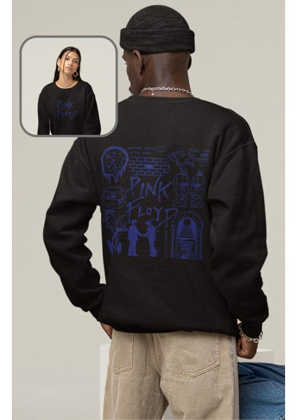 Unisex Pink Floyd Sırt Baskılı Kapüşonsuz Sweatshirt, Oversize Rock Grup Baskılı Sweatshirt