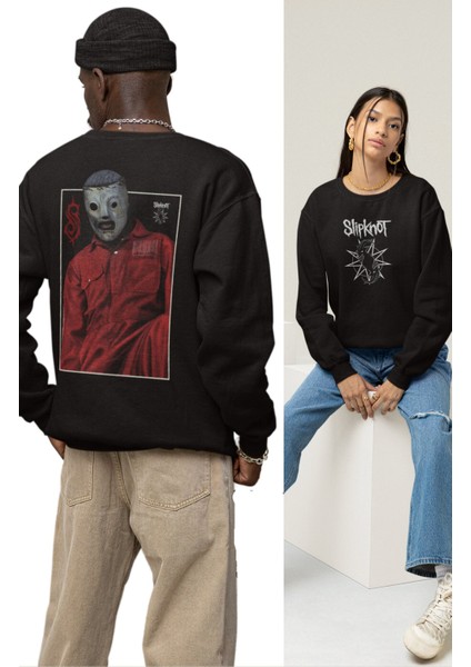 Unisex Slipknot Mask Sırt Baskılı Kapüşonsuz Sweatshirt, Oversize Rock Band Baskılı Sweatshirt