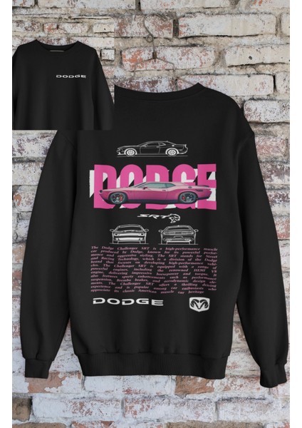 Unisex Challanger Dodgee Sırt Baskılı Kapüşonsuz Sweatshirt,oversize Yarış Araba Baskılı Sweatshirt