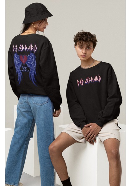 Unisex Def Leppard V2 Sırt Baskılı Kapüşonsuz Sweatshirt, Oversize Rock Band Baskılı Sweatshirt