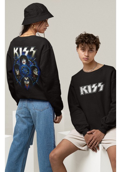 Unisex Kiss V2 Sırt Baskılı Kapüşonsuz Sweatshirt, Oversize Rock Band Baskılı Sweatshirt