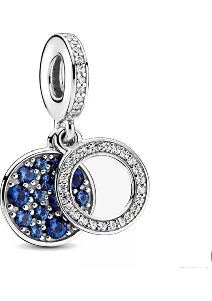 925 Ayar Gümüş Lacivert Parıldayan Çift Disk Sallantılı Charm