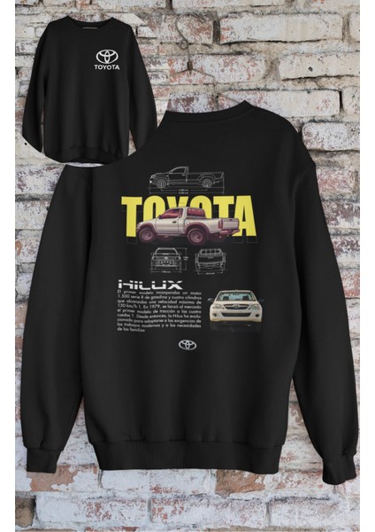 Unisex Hilux Kamyonet Sırt Baskılı Kapüşonsuz Sweatshirt, Oversize Classic Araba Baskılı Sweatshirt