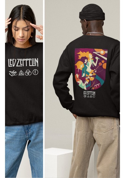 Unisex V2 LED Zeppelin Sırt Baskılı Kapüşonsuz Sweatshirt, Oversize Rock Band Baskılı Sweatshirt