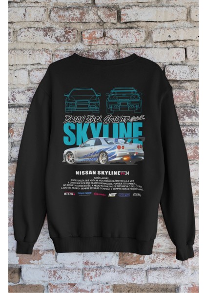 Unisex Skyline Paul Walker Imza Sırt Baskılı Kapüşonsuz Sweatshirt,oversize Araba Temalı Sweatshirt modelleri