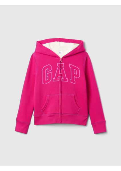 Kız Çocuk Pembe  Logo Fermuarlı Sherpa Sweatshirt