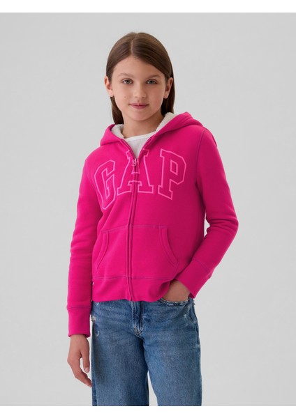 Kız Çocuk Pembe  Logo Fermuarlı Sherpa Sweatshirt