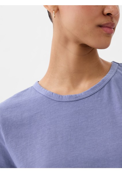 Kadın Mavi %100 Pamuk Vintage Bisiklet Yaka T-Shirt modelleri