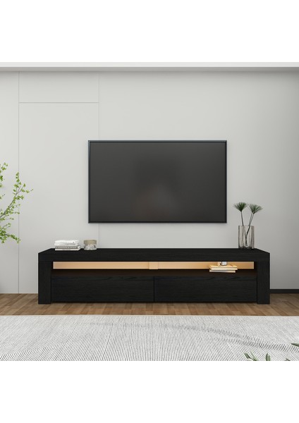 Batı LED Işıklı 2 Kapaklı TV Sehpası – 150 cm – Minimal Tasarım, Ahşap Desenli Siyah