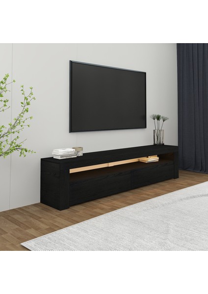 Batı LED Işıklı 2 Kapaklı TV Sehpası – 150 cm – Minimal Tasarım, Ahşap Desenli Siyah fiyatları