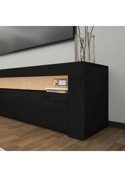 Batı LED Işıklı 2 Kapaklı TV Sehpası – 150 cm – Minimal Tasarım, Ahşap Desenli Siyah modelleri