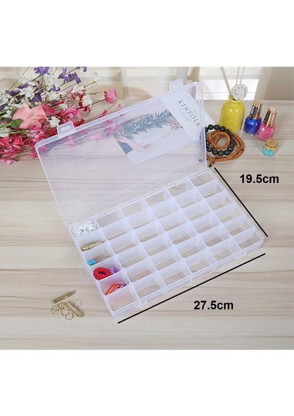 36 Bölmeli Ayarlanabilir Bölmeli Kolye Yüzük Takı Kutusu Organizer Düzenleyici Plastik Kutu (27.5x19.5x4.2cm)