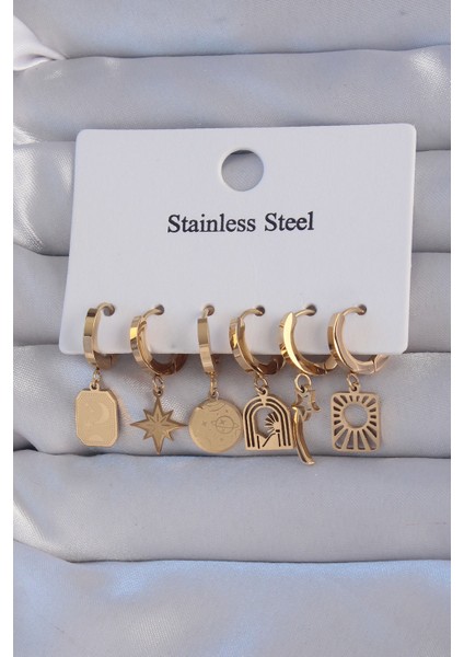 316L Çelik Gold Renk Yıldız Figürlü Tarot Model Halka Küpe Seti - TJ-BKP9156