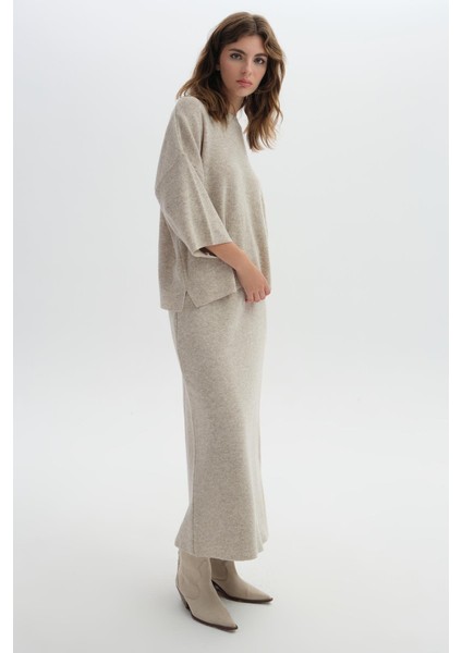 Bej Beli Lastikli Triko Etek