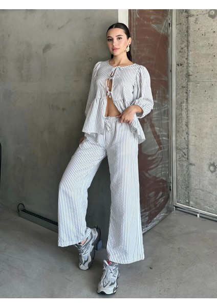 Bluz Fiyonklu Çizgili Balon Kollu Poplin Kadın Bluz Takım