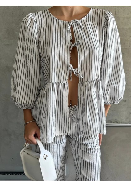Bluz Fiyonklu Çizgili Balon Kollu Poplin Kadın Bluz Takım modelleri
