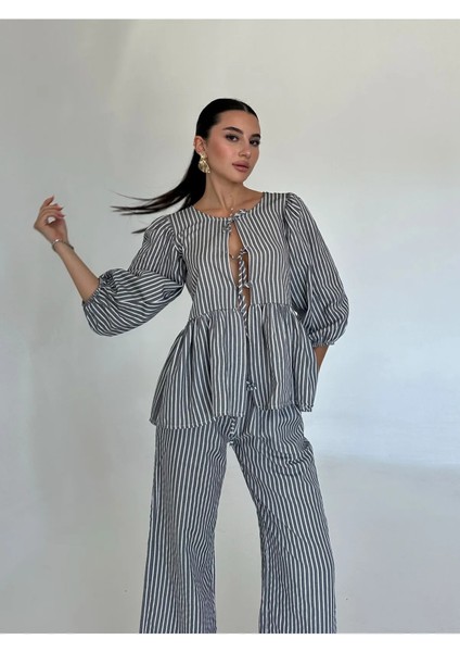 Bluz Fiyonklu Çizgili Balon Kollu Poplin Kadın Bluz Takım fiyatları