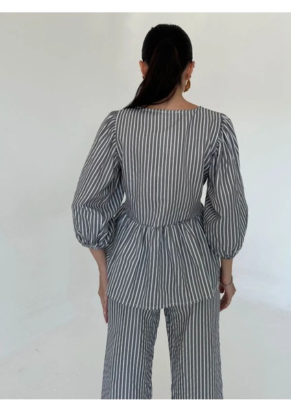 Bluz Fiyonklu Çizgili Balon Kollu Poplin Kadın Bluz Takım modelleri