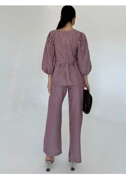 Bluz Fiyonklu Çizgili Balon Kollu Poplin Kadın Bluz Takım modelleri