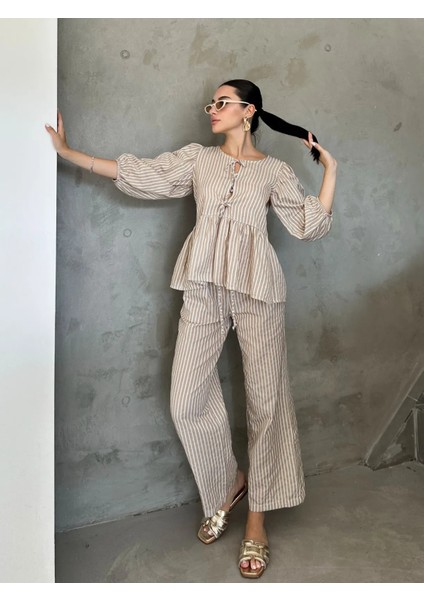 Bluz Fiyonklu Çizgili Balon Kollu Poplin Kadın Bluz Takım