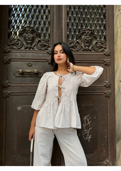 Bluz Fiyonklu Çizgili Balon Kollu Poplin Kadın Bluz Takım modelleri