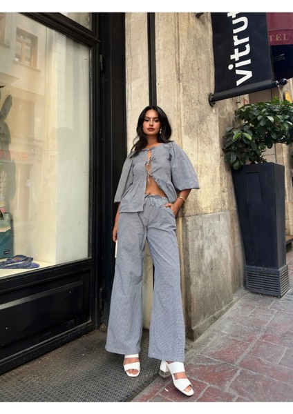 Bluz Fiyonklu Çizgili Balon Kollu Poplin Kadın Bluz Takım modelleri