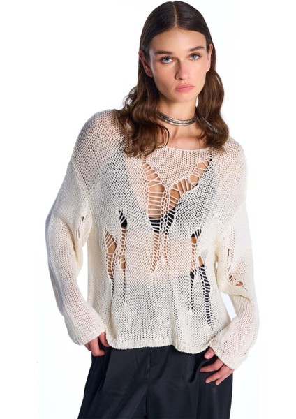 Ekru Sökük Detaylı Triko Kazak fiyatları