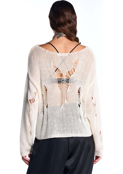 Ekru Sökük Detaylı Triko Kazak indirimleri