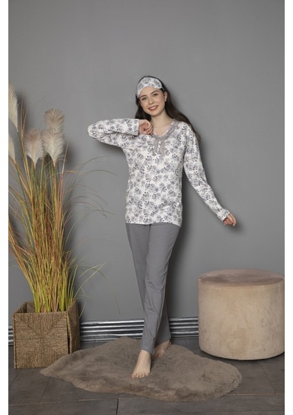 Çiçek Desenli Uzun Kollu Kadın Pijama Takımı Tekten 200