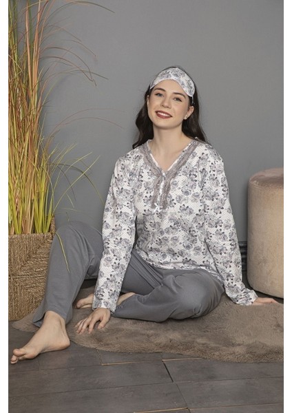 Çiçek Desenli Uzun Kollu Kadın Pijama Takımı Tekten 200